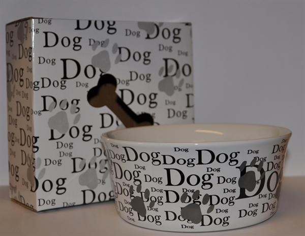 "Dog" keramik skål i hvid keramik med skrift og potetryk